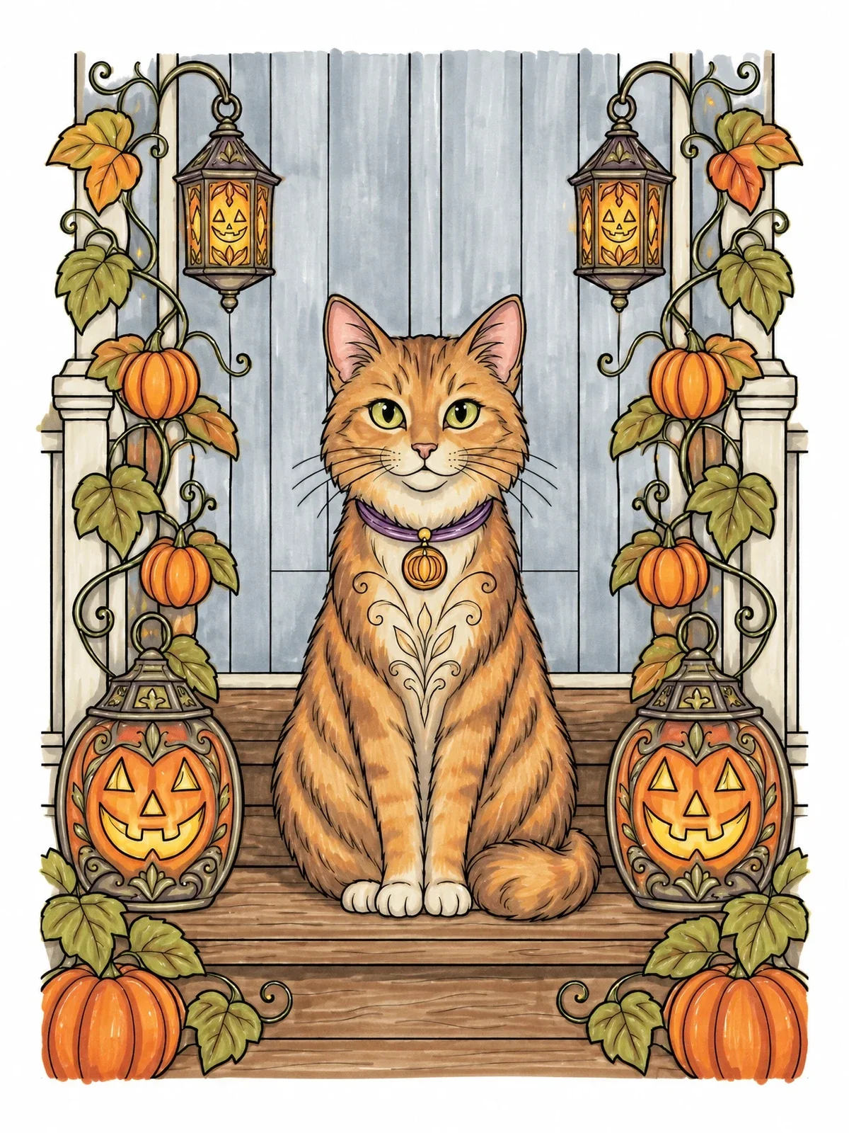 Colored example of the Halloween Cat On Front Porch coloring page