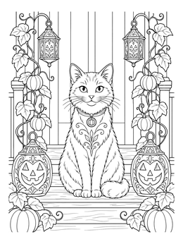 Detailed halloween cat coloring page featuring a domestic cat sitting on porch steps between jack-o'-lanterns.