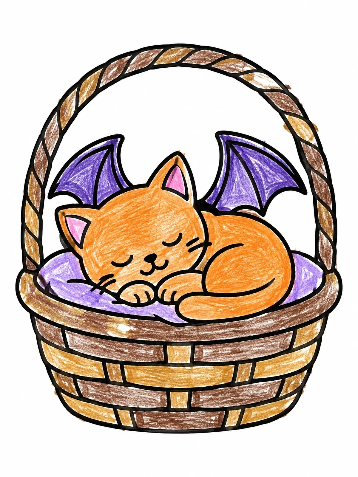 Colored example of the Sleeping Bat Kitten In Basket coloring page