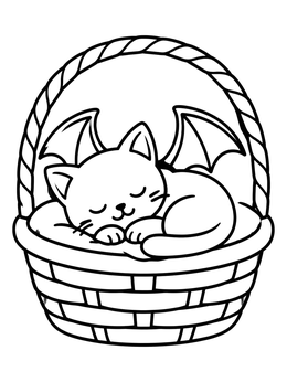 Free printable Sleeping Bat Kitten In Basket coloring page