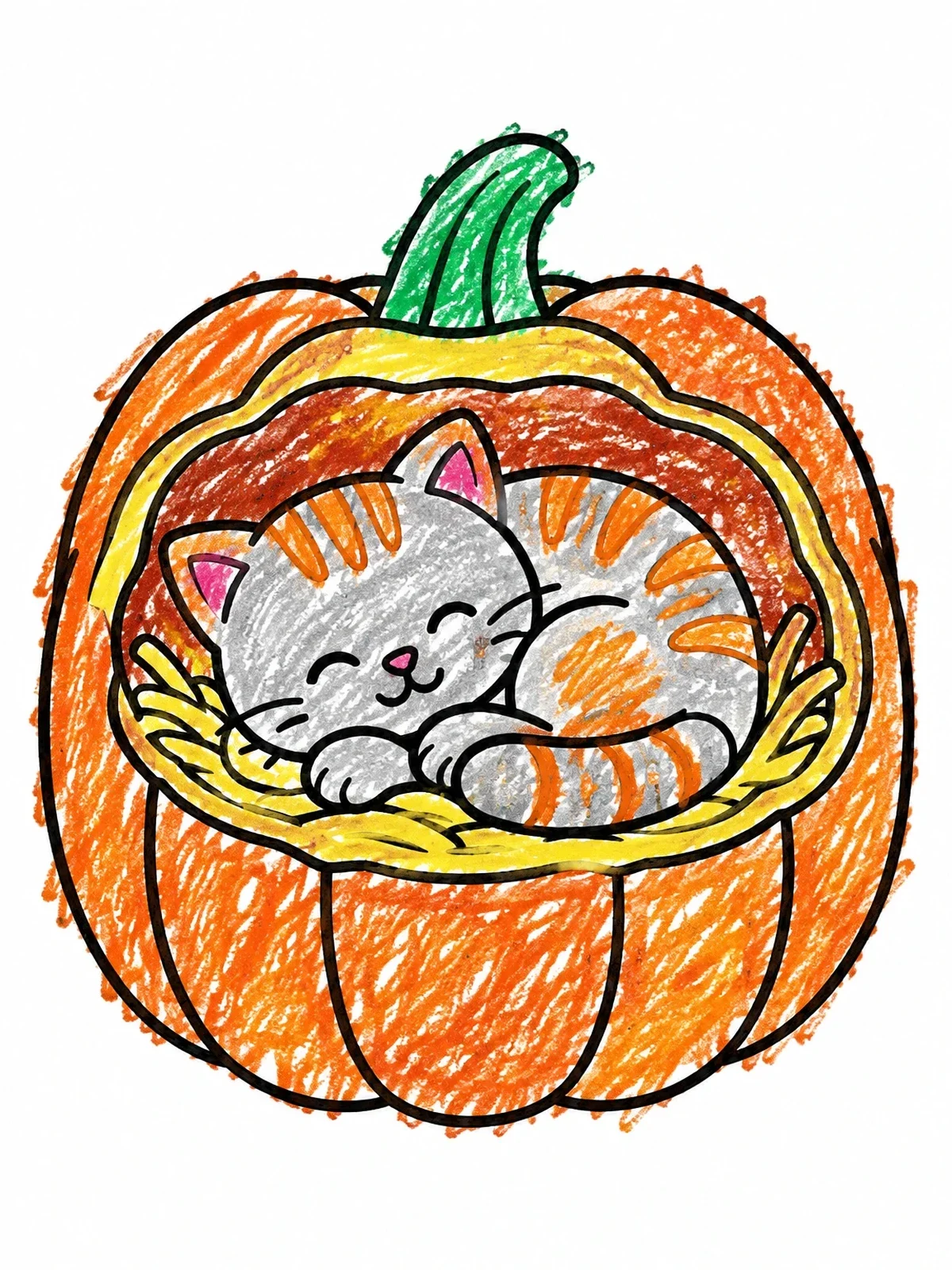 Colored example of the Sleeping Cat Inside Carved Pumpkin coloring page
