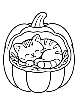 A sleeping striped kitten rests in a hollow pumpkin in this halloween cat coloring page.