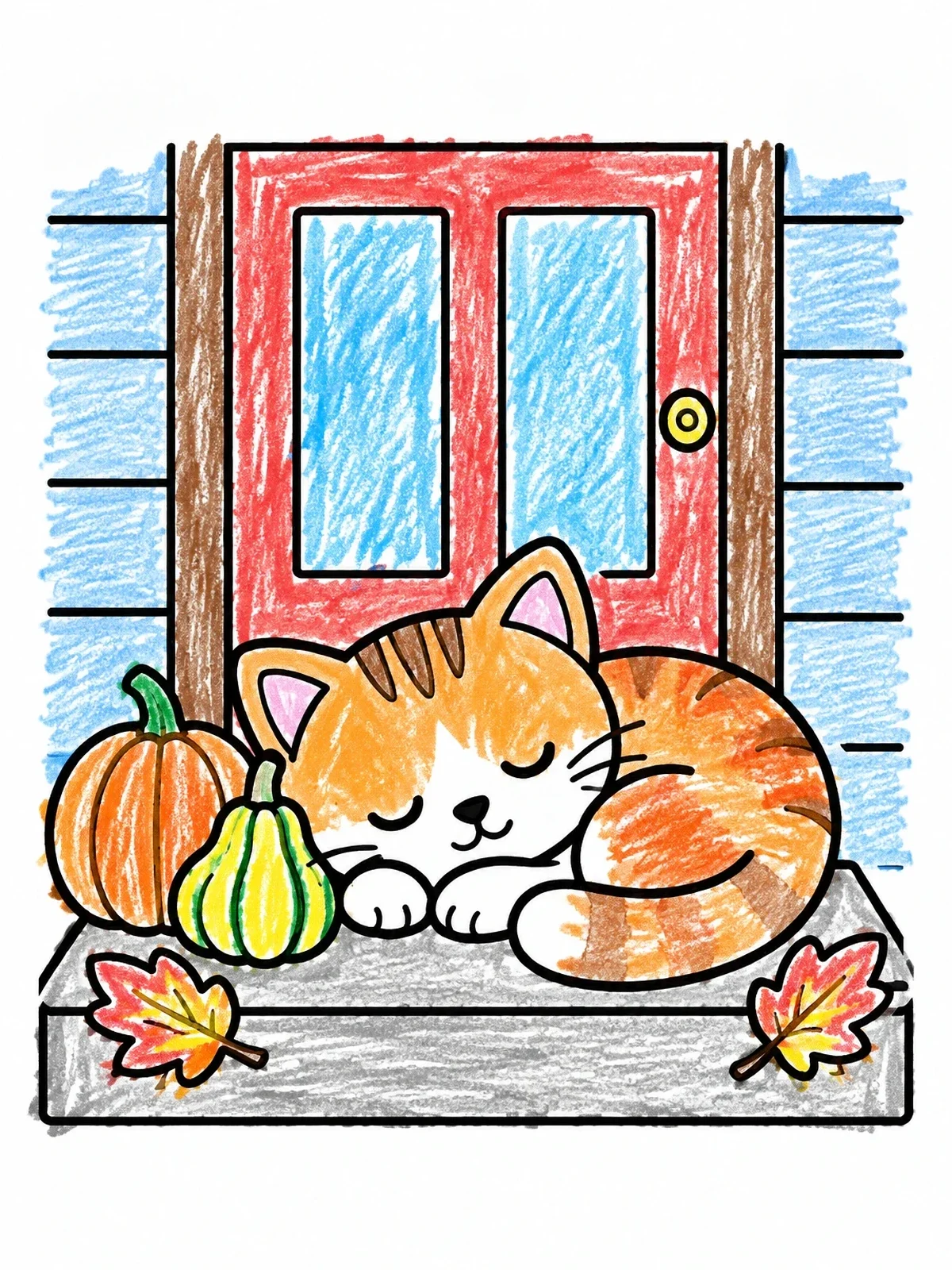 Colored example of the Sleeping Kitten On Autumn Porch coloring page