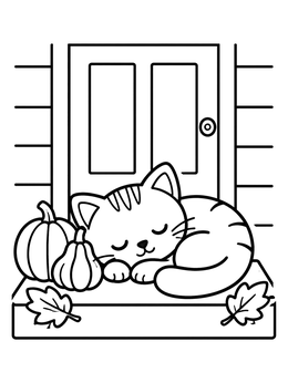 A cute halloween cat coloring page of a sleeping kitten next to pumpkins on a doorstep.