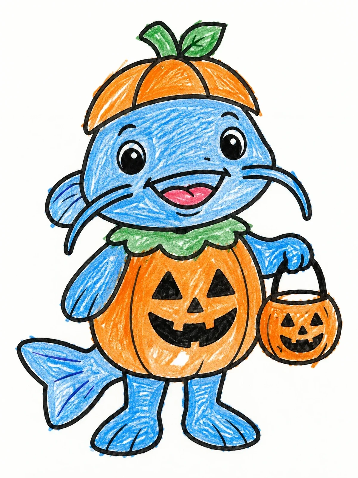 Colored example of the Halloween Catfish In Pumpkin Costume coloring page