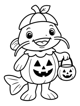 A cheerful cartoon catfish coloring page featuring a pumpkin costume and candy bucket.