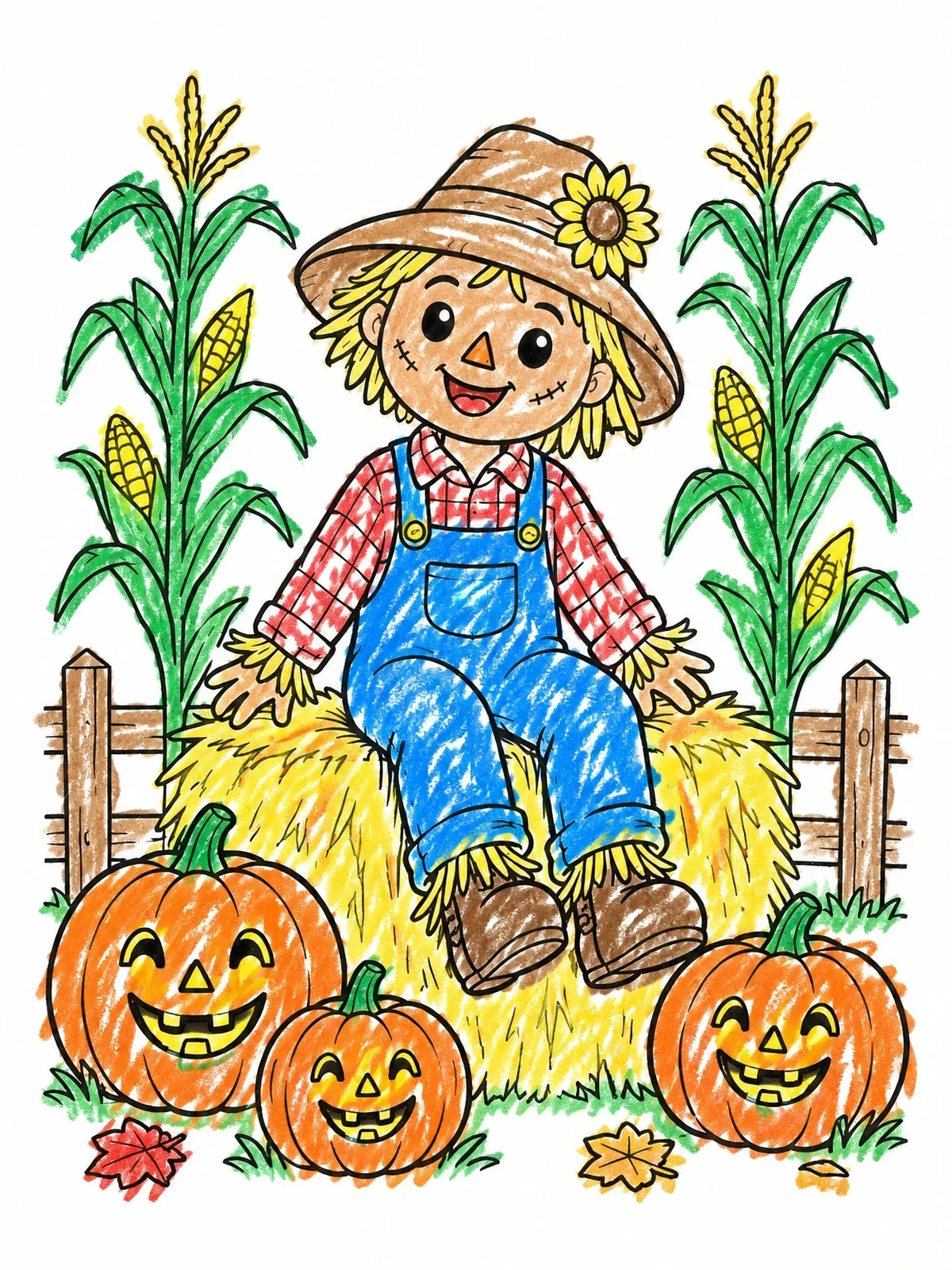 Colored example of the Cheerful Little Scarecrow On Hay Bale coloring page