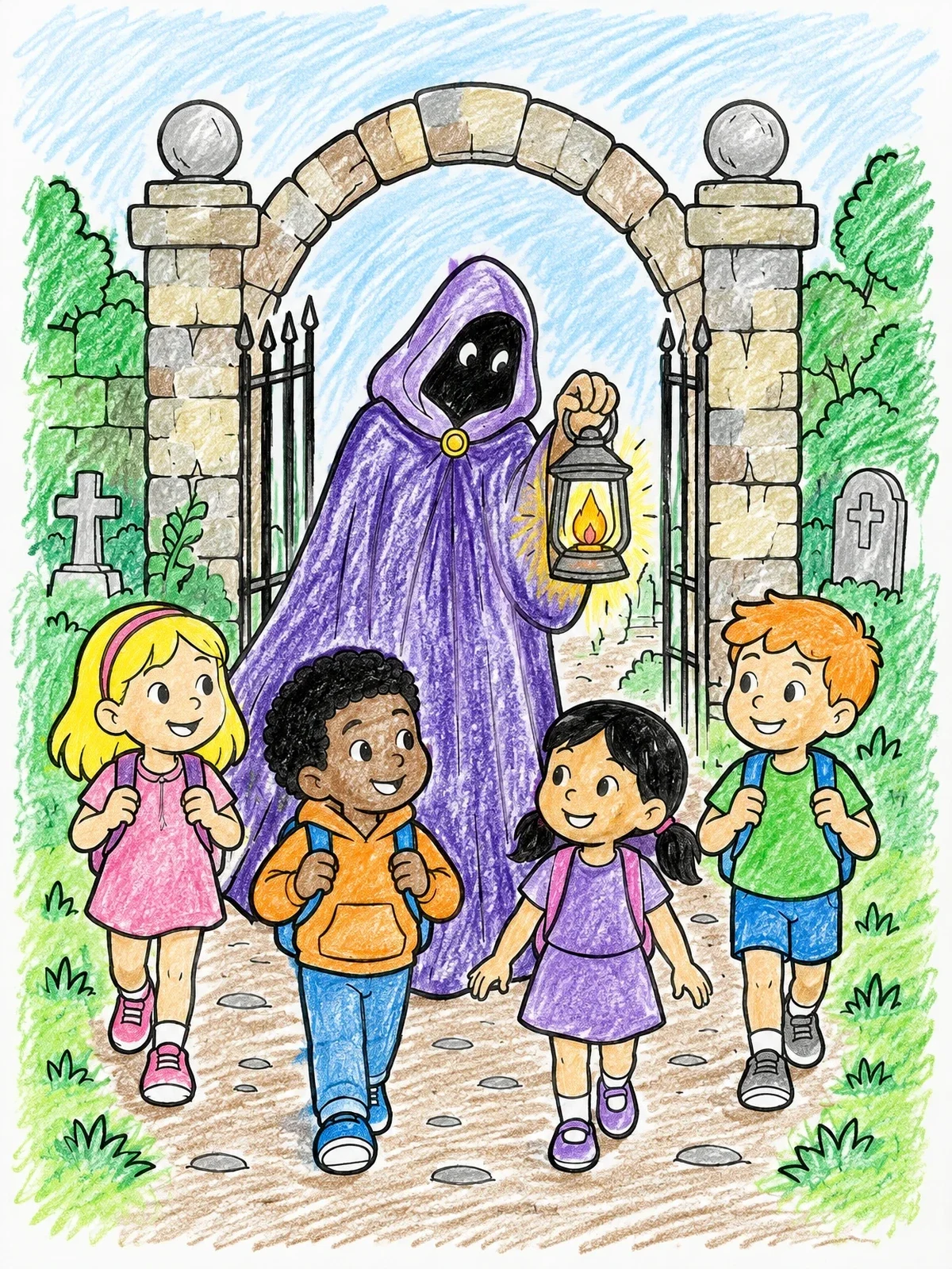 Colored example of the Children Walking Past A Cloaked Figure coloring page