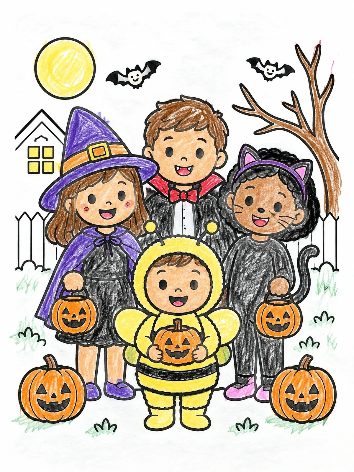 Colored example of the Children Trick Or Treating In Costumes coloring page