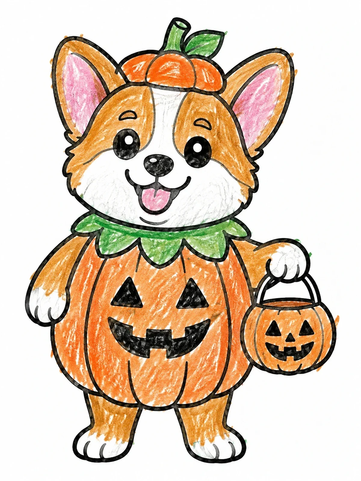 Colored example of the Cute Halloween Corgi In Pumpkin Costume coloring page