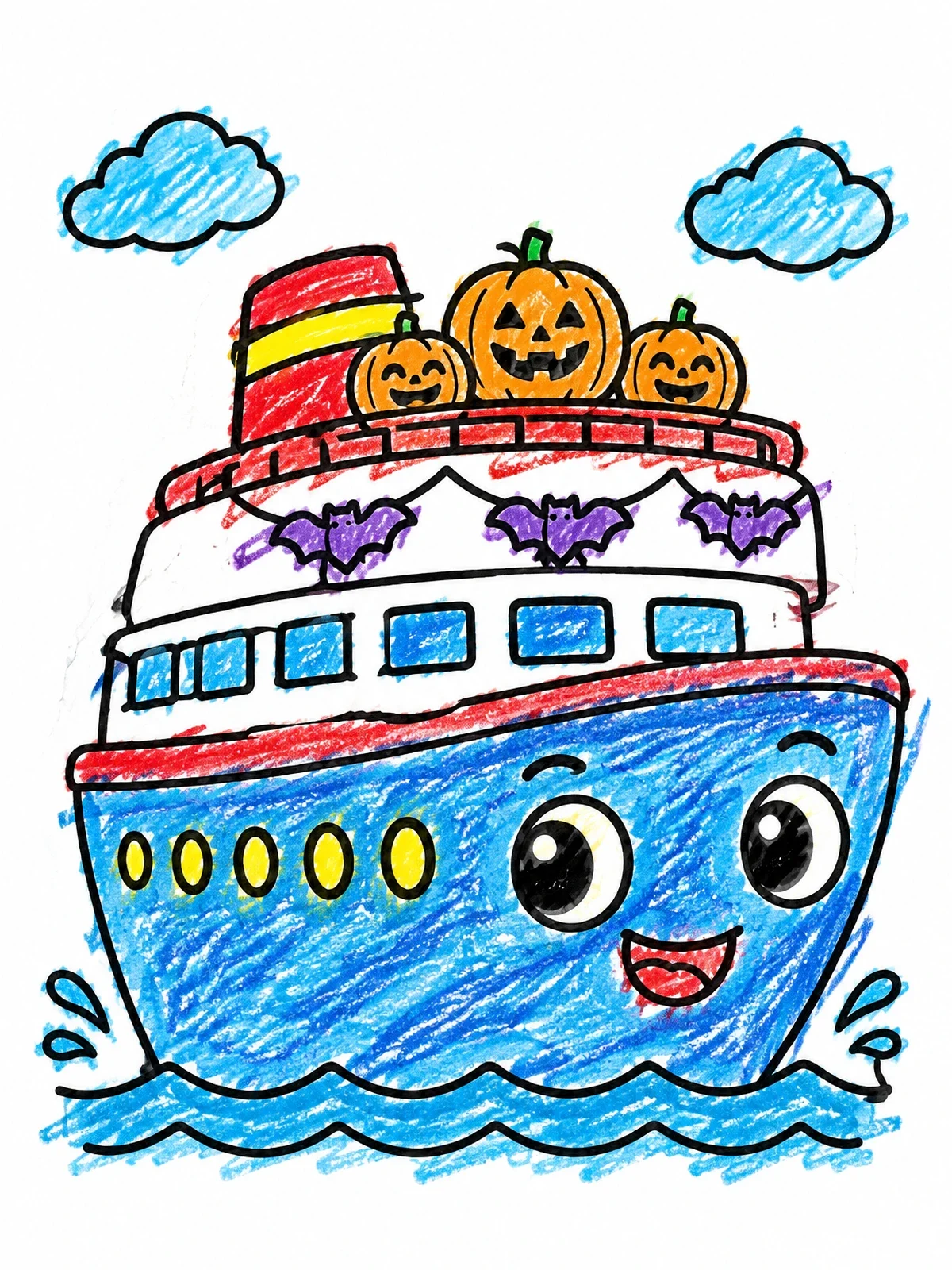 Colored example of the Halloween Cruise Ship With Pumpkins coloring page