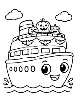 Free printable Halloween Cruise Ship With Pumpkins coloring page