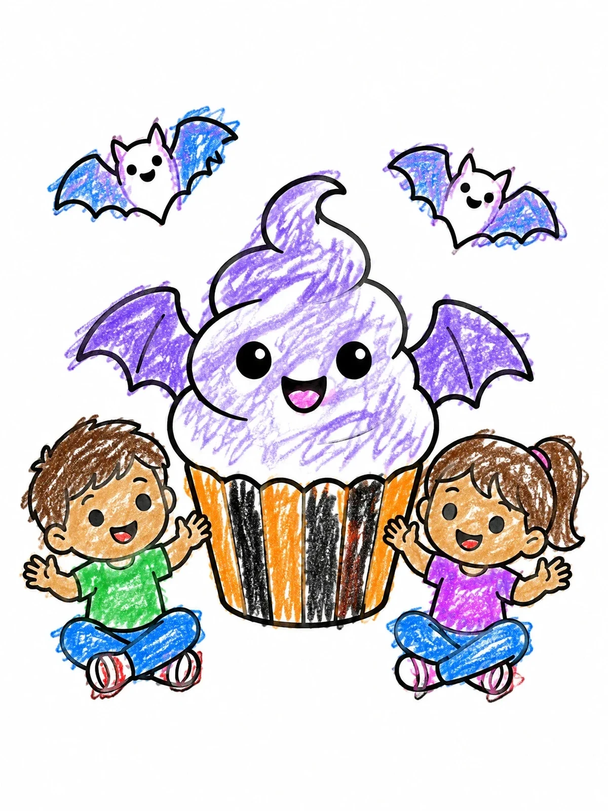 Colored example of the Cute Bat Cupcake With Kids coloring page