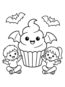 Free printable Cute Bat Cupcake With Kids coloring page