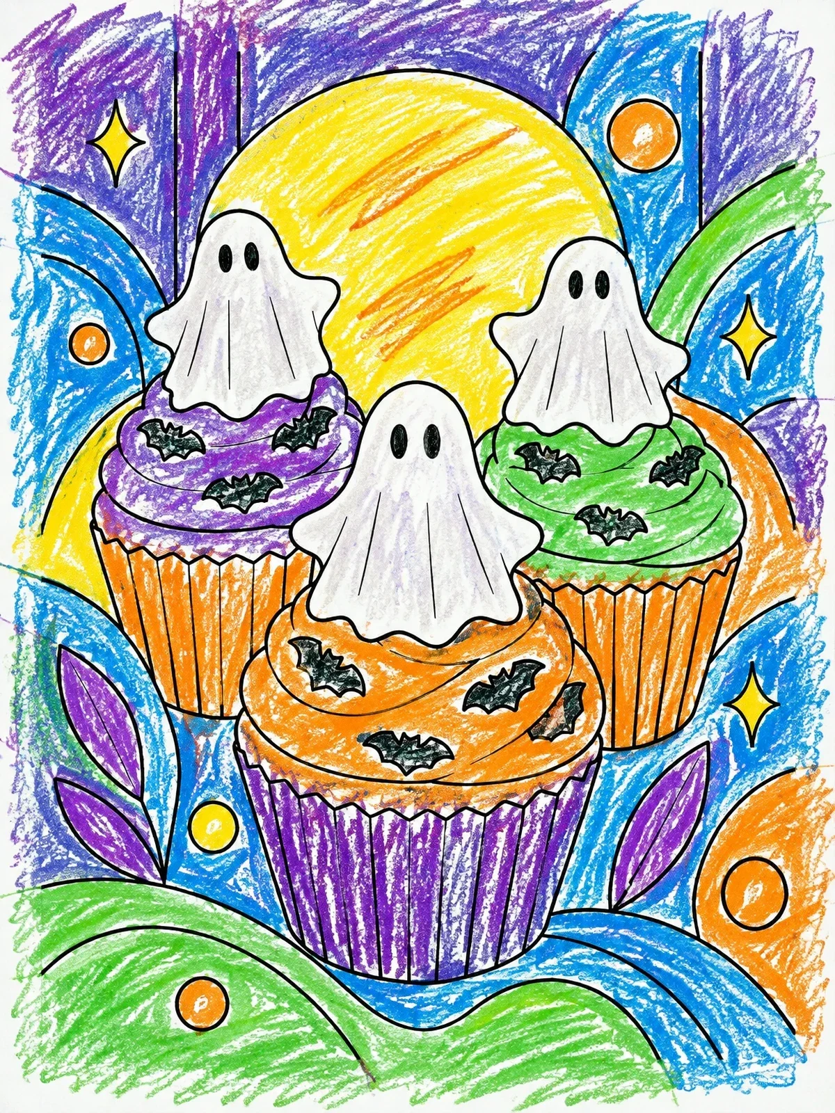 Colored example of the Ghost Cupcakes With Bat Sprinkles coloring page