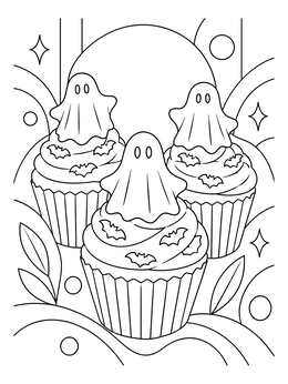 Three spooky treats are featured in this halloween cupcake coloring page with ghosts and bat sprinkles.