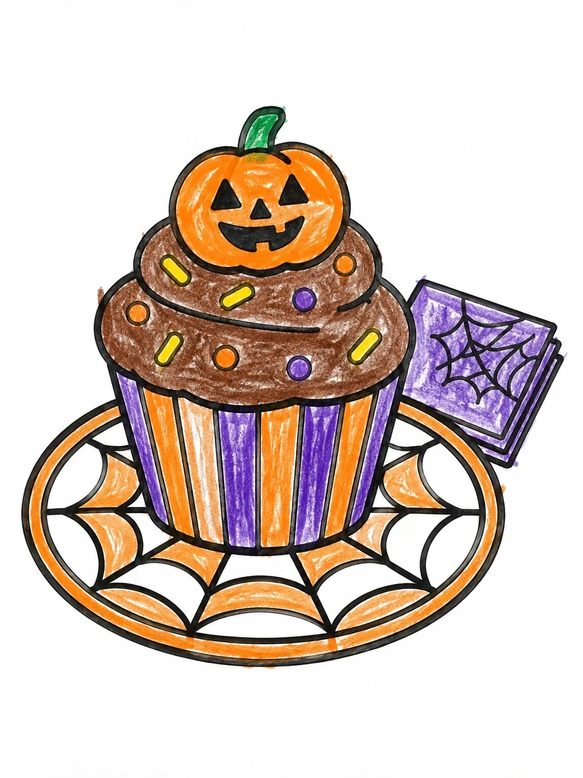 Colored example of the Halloween Cupcake With Pumpkin Topper coloring page