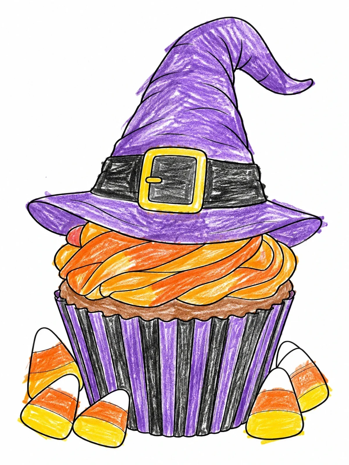 Colored example of the Witch Hat Cupcake With Candy Corn coloring page
