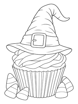 A festive halloween cupcake coloring page featuring a witch hat topper and candy corn treats.