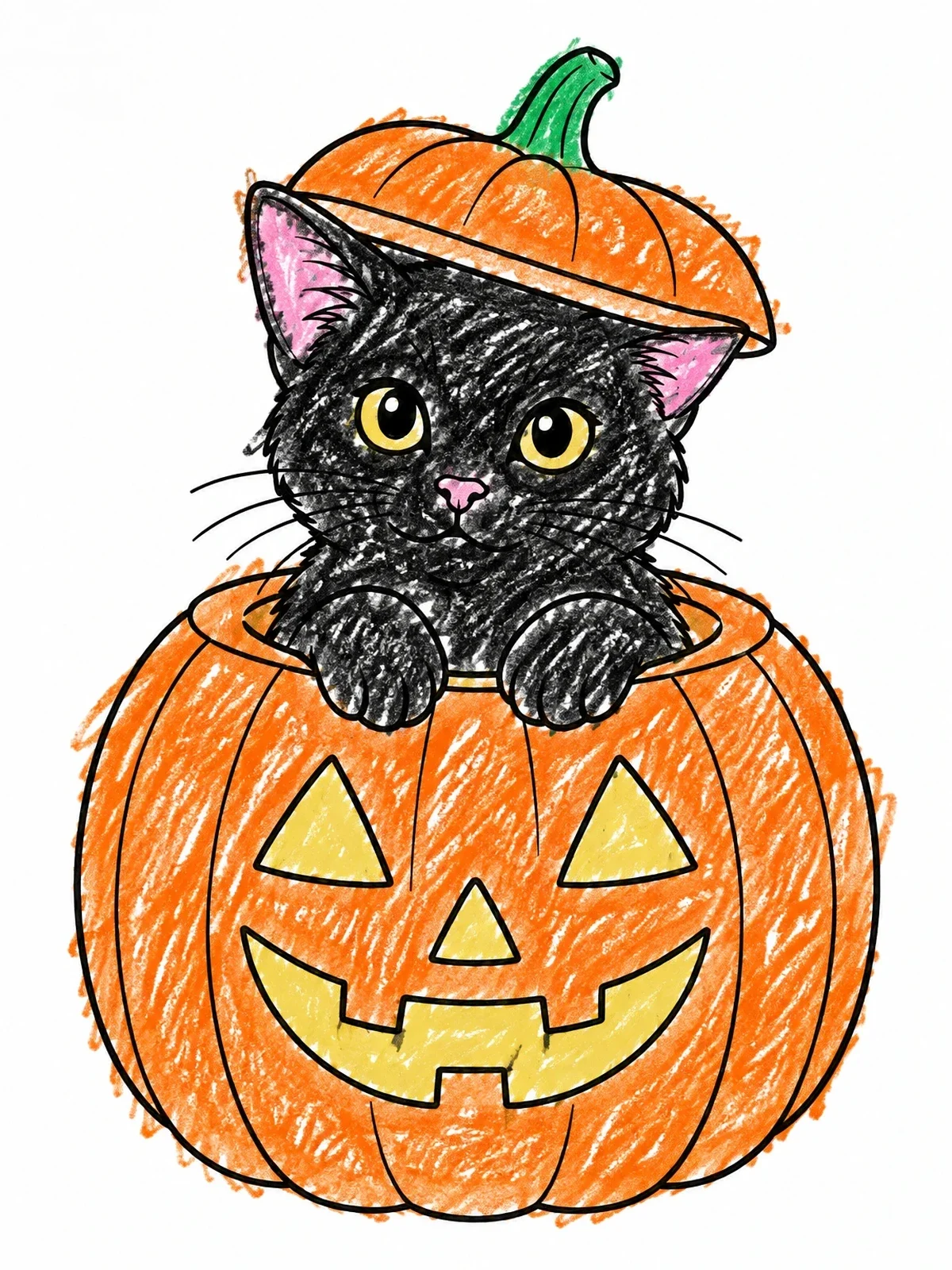 Colored example of the Cute Kitten In Carved Pumpkin coloring page