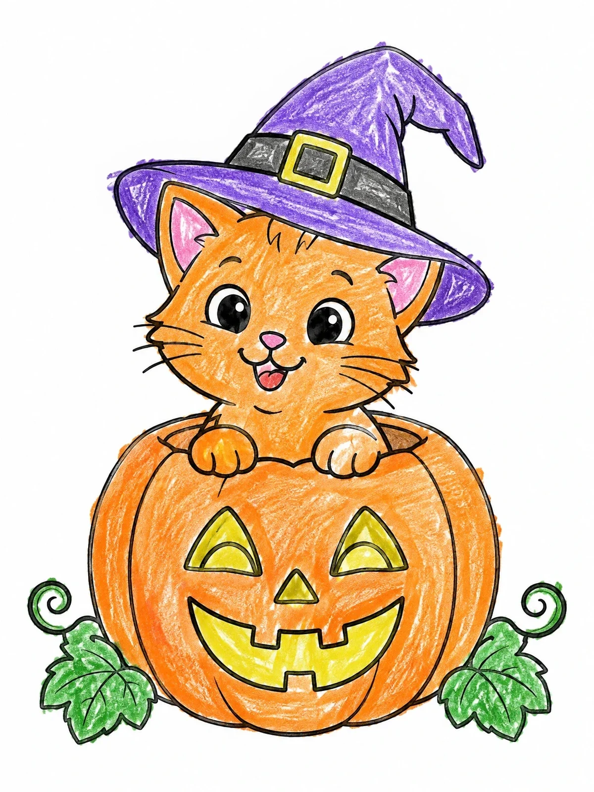 Colored example of the Cute Kitten In A Jack O' Lantern coloring page