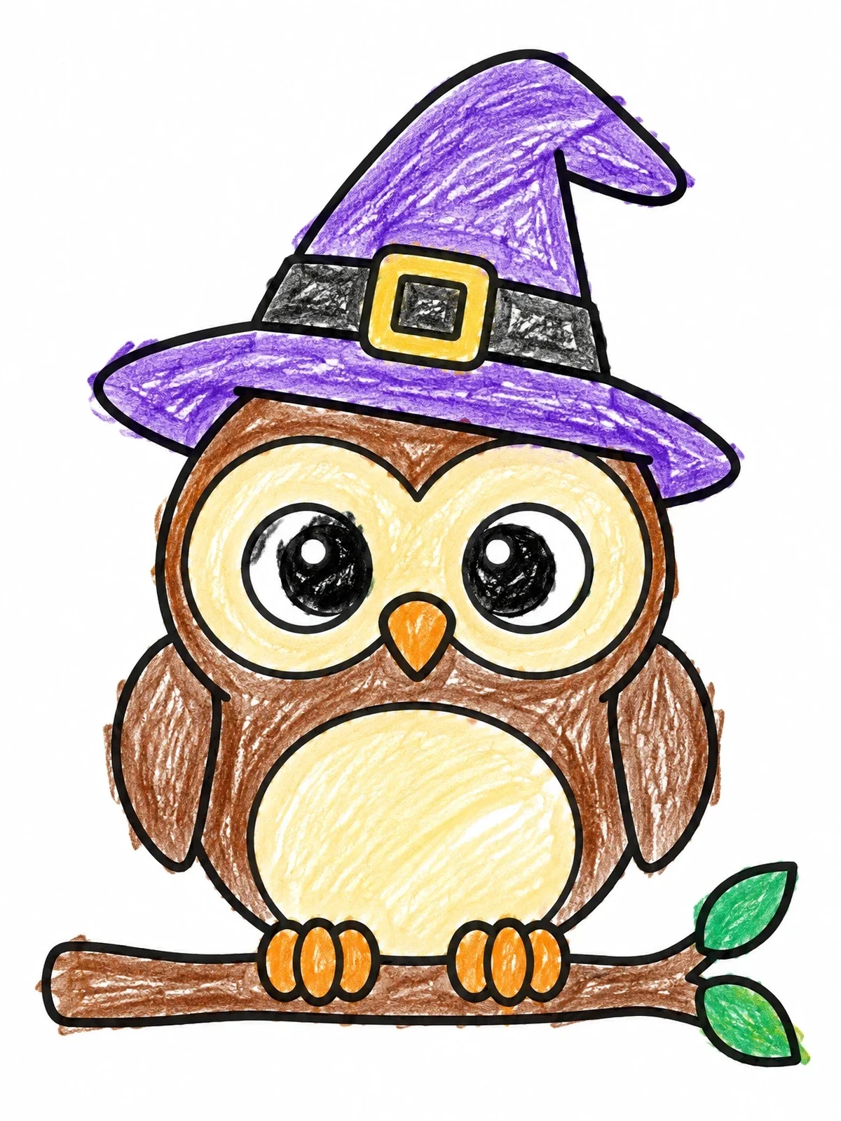 Colored example of the Cute Owl With Witch Hat coloring page