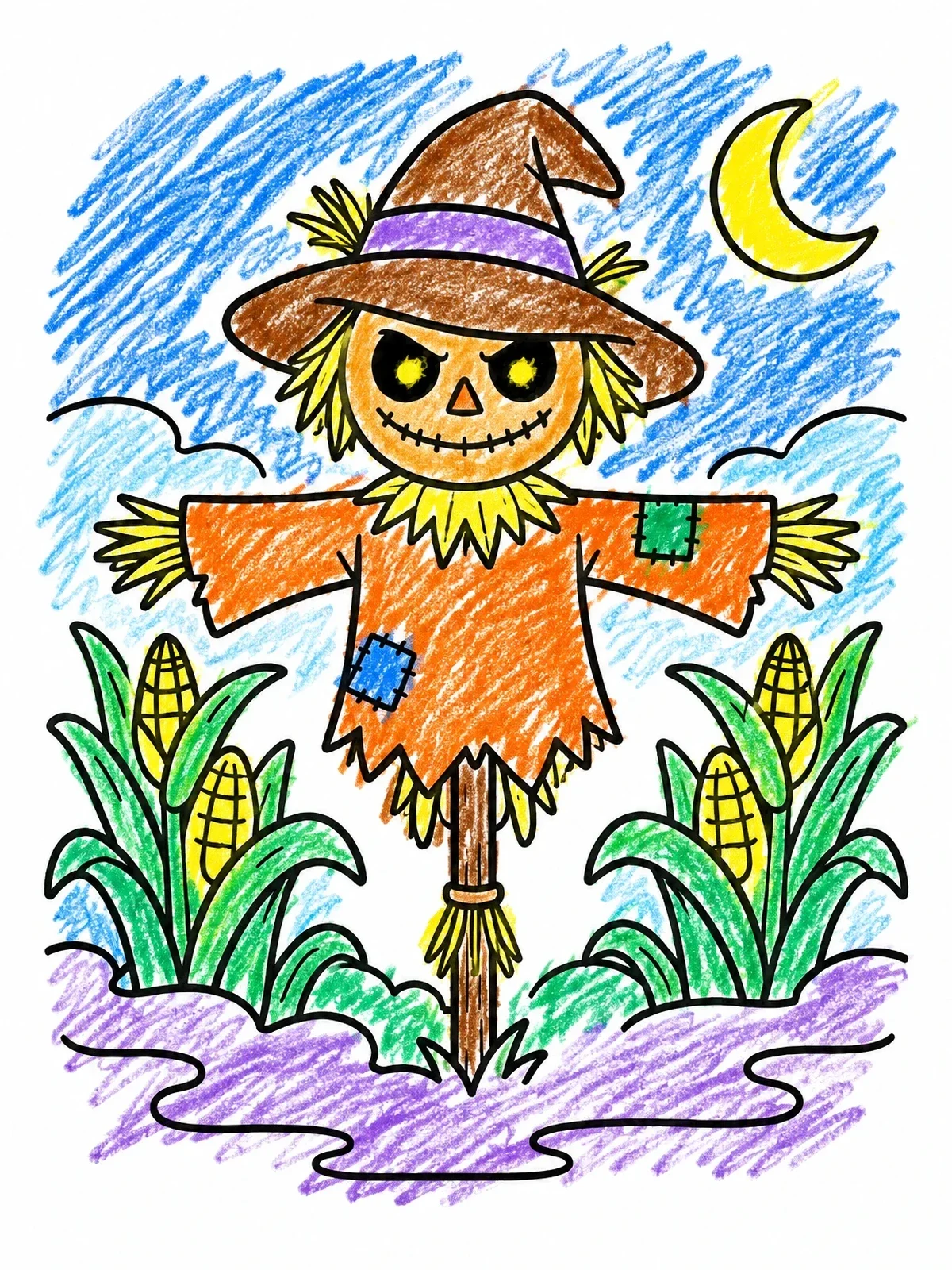 Colored example of the Cute Scarecrow In The Cornfield coloring page