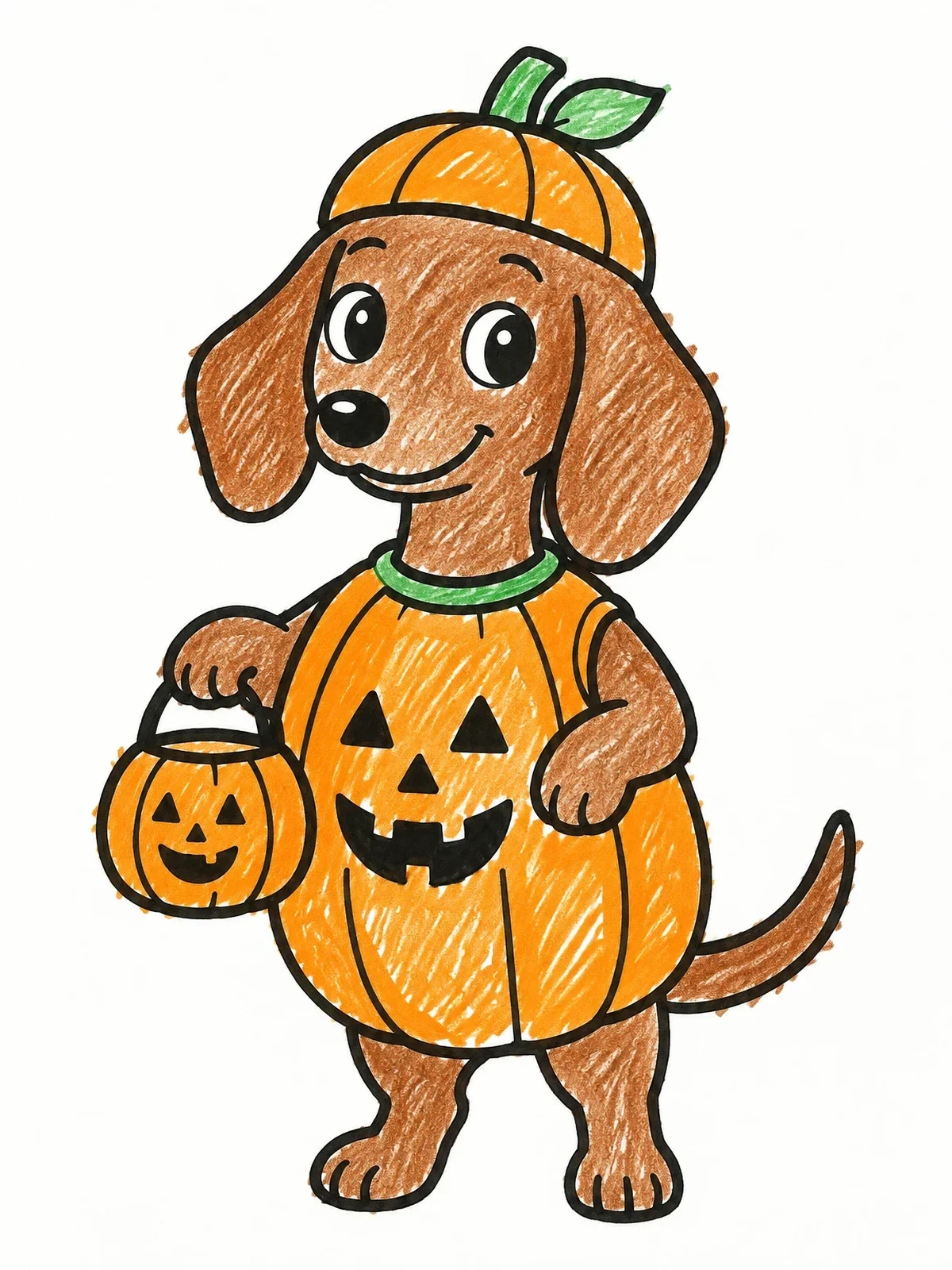Colored example of the Halloween Dachshund In Pumpkin Costume coloring page