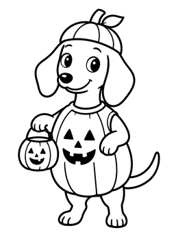 A dachshund coloring page with a cute puppy dressed in a pumpkin costume holding a treat bucket.