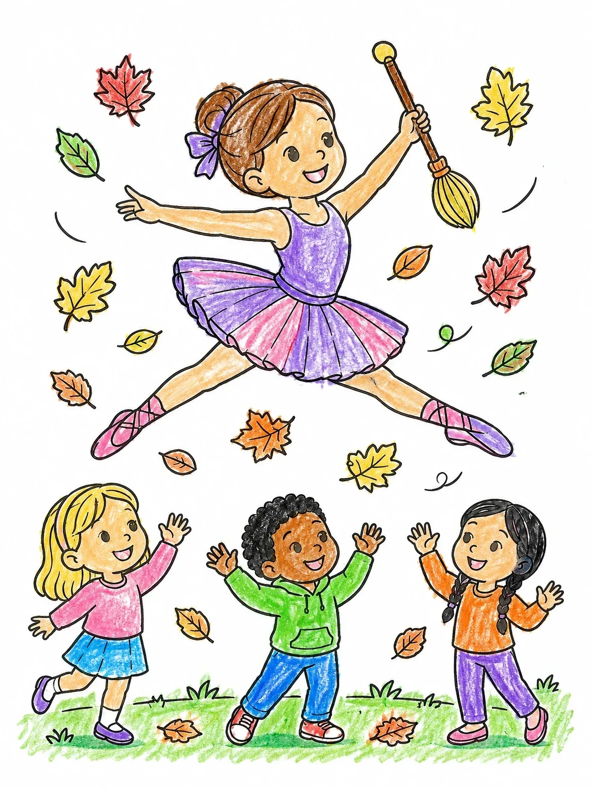 Colored example of the Ballerina Leaping With Swirling Autumn Leaves coloring page