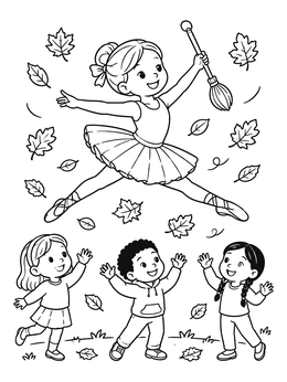 Free printable Ballerina Leaping With Swirling Autumn Leaves coloring page
