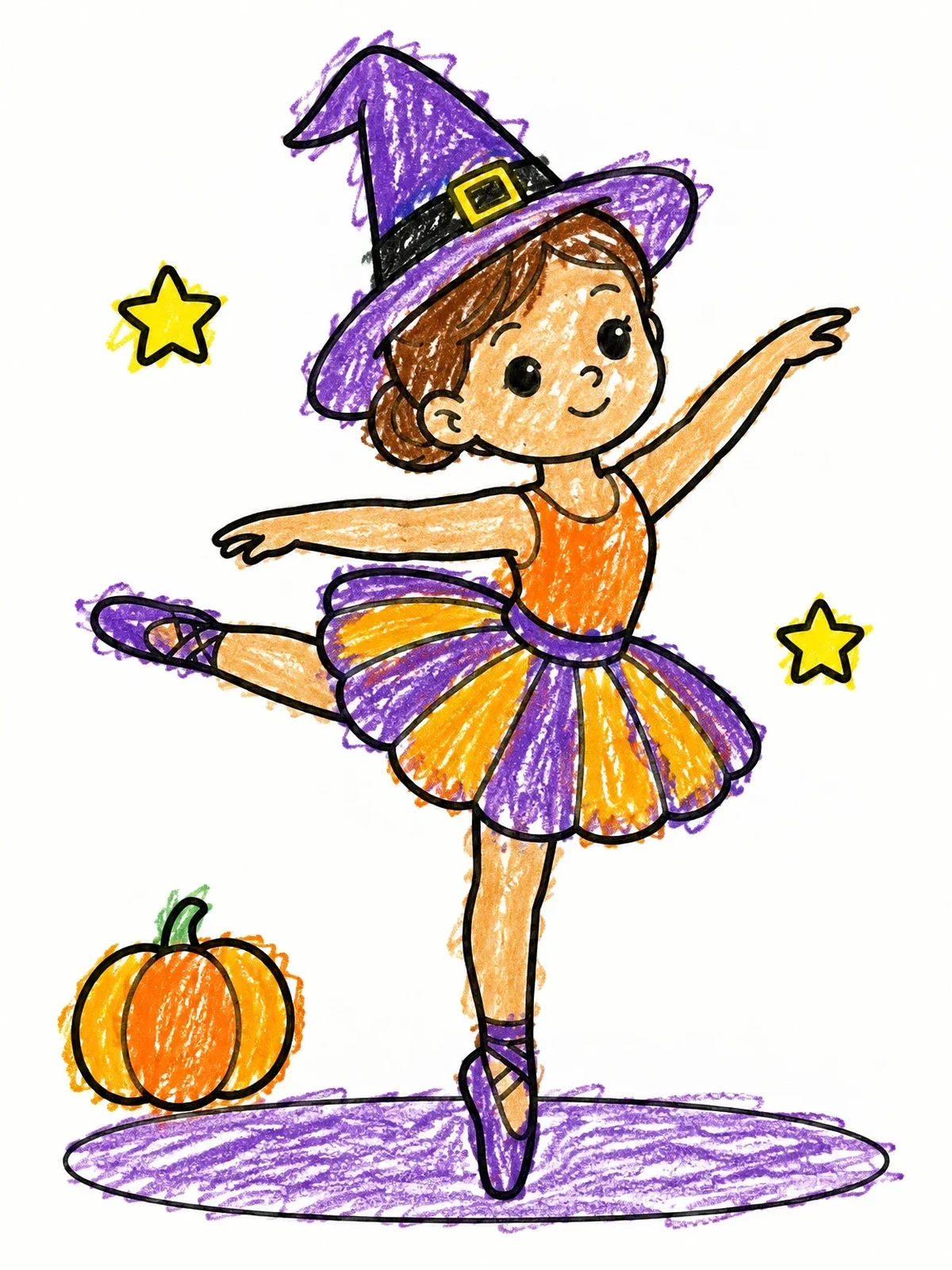 Colored example of the Little Ballerina In Witch Hat coloring page