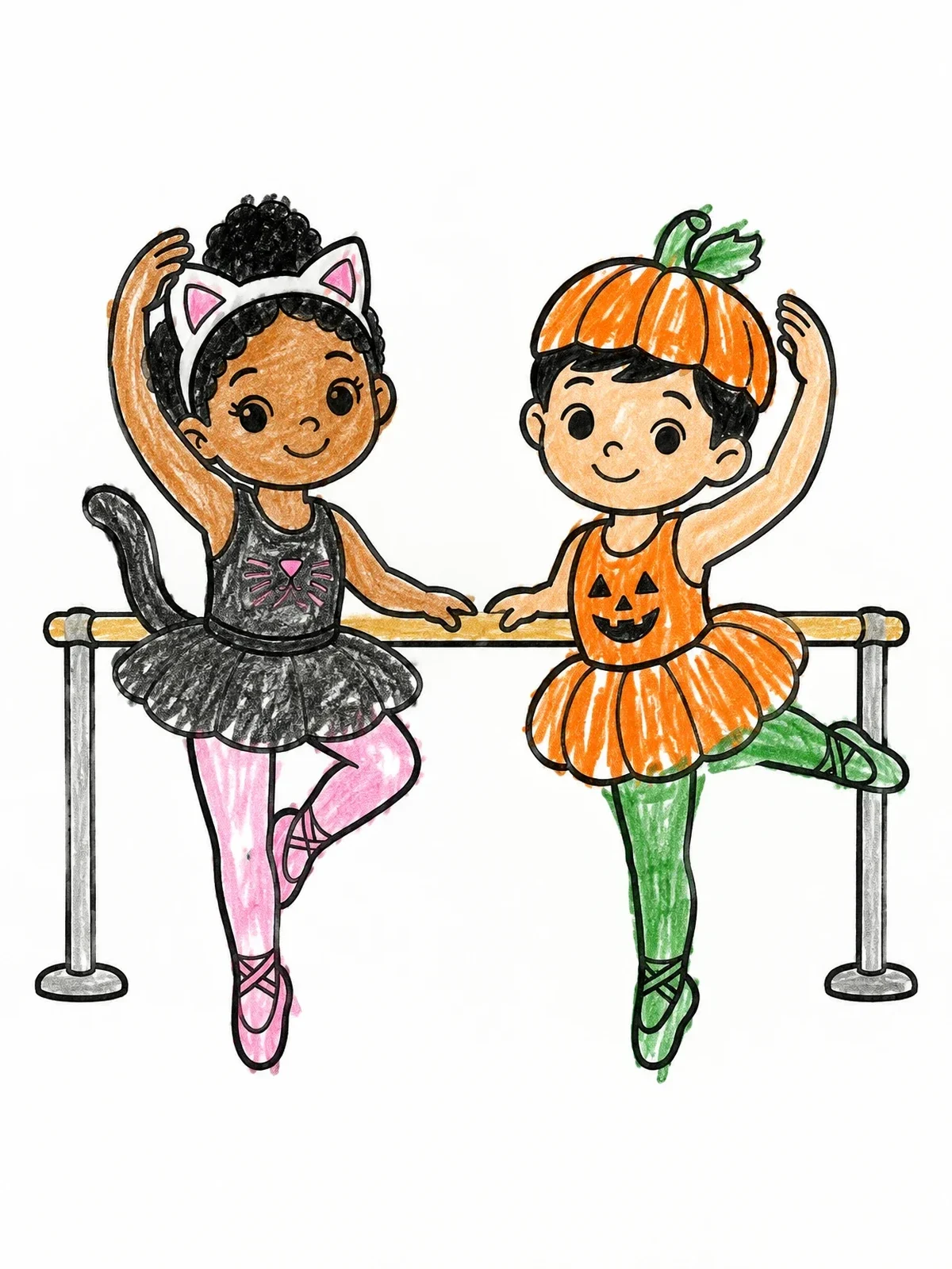 Colored example of the Cat And Pumpkin Ballet Dancers coloring page