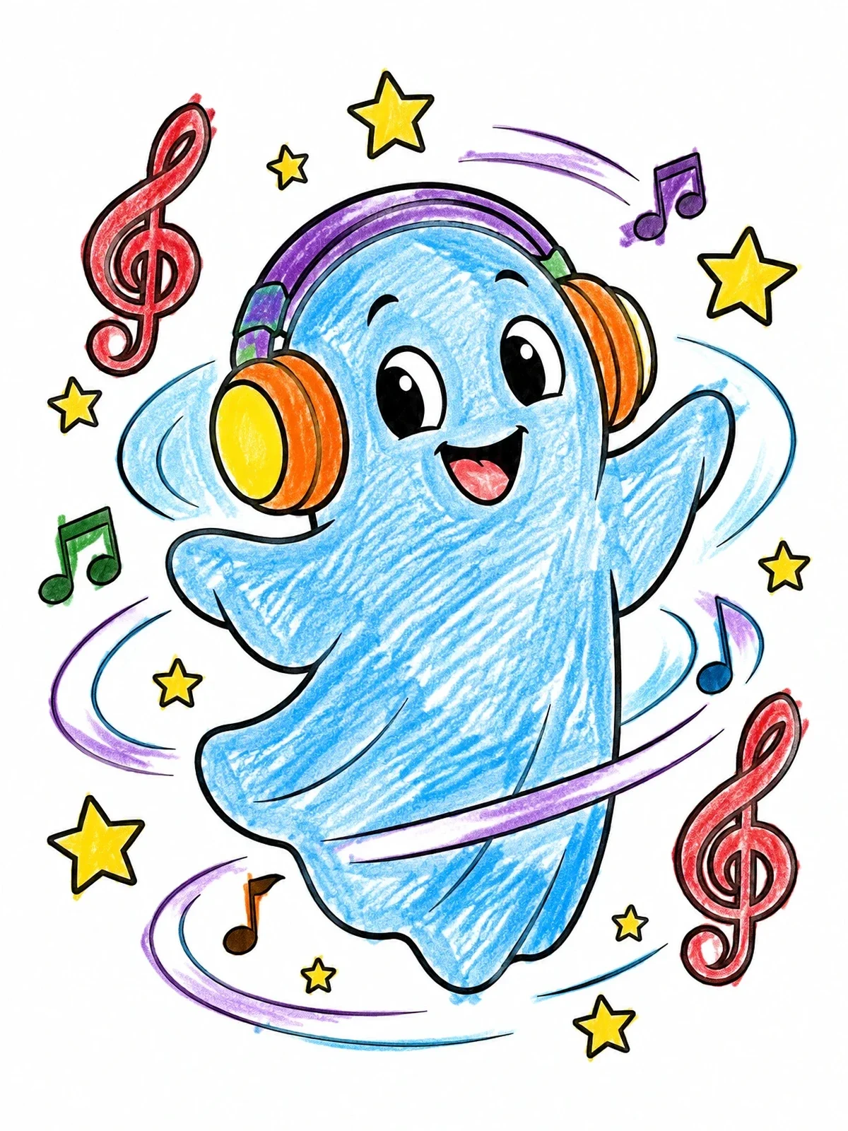 Colored example of the Dancing Ghost With Headphones coloring page