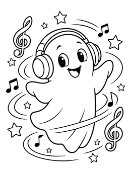 A cheerful ghost spins to music on this fun halloween dance coloring page.