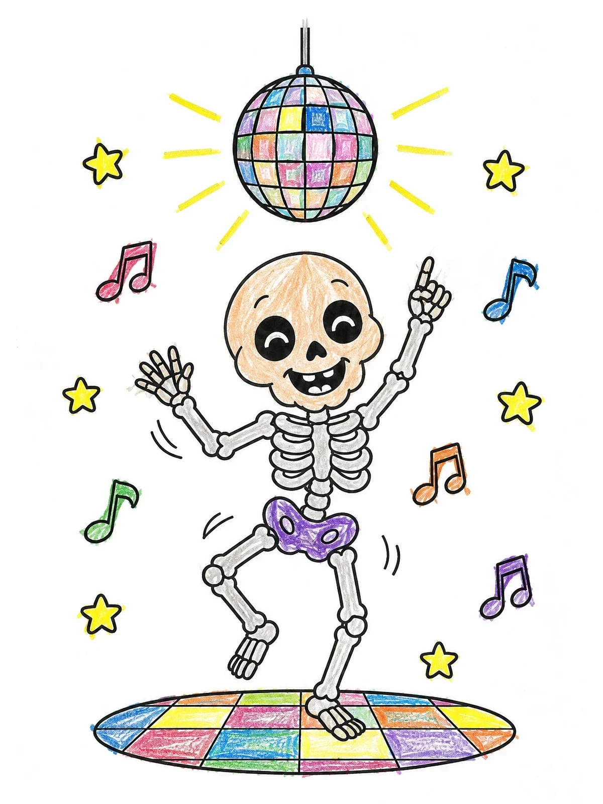 Colored example of the Dancing Skeleton Under Disco Ball coloring page