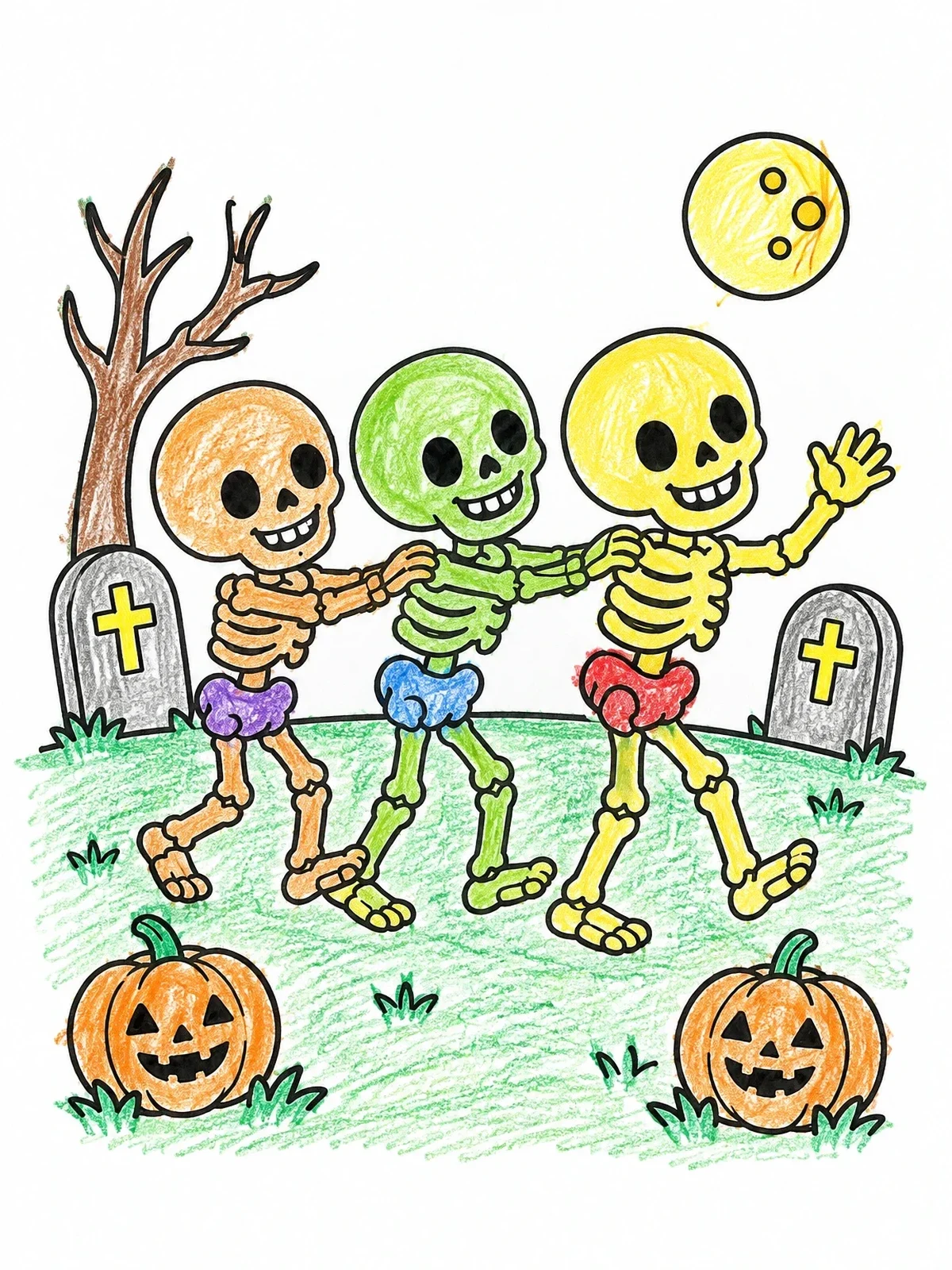 Colored example of the Dancing Skeletons Conga Line coloring page