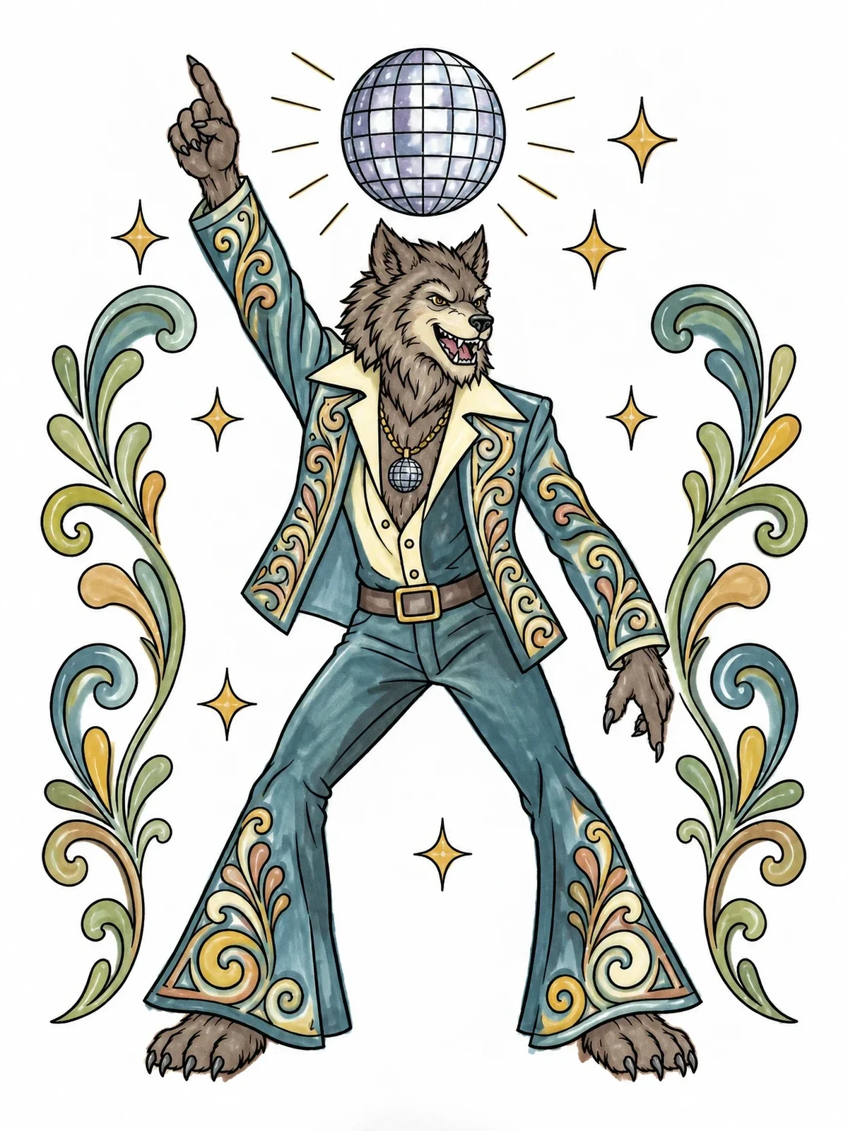 Colored example of the Disco Werewolf Striking A Dance Pose coloring page
