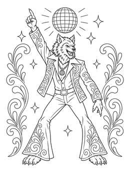 A funky disco werewolf strikes a pose under a disco ball on this halloween dance coloring page.