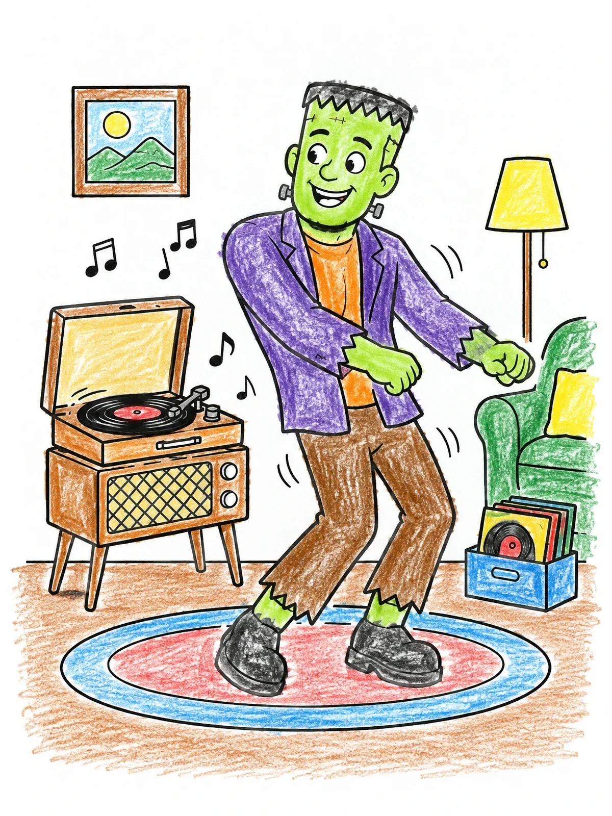 Colored example of the Frankenstein Monster Dancing To Vinyl Music coloring page