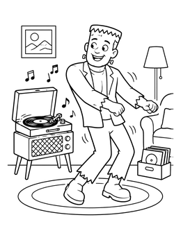 Free printable Frankenstein Monster Dancing To Vinyl Music coloring page