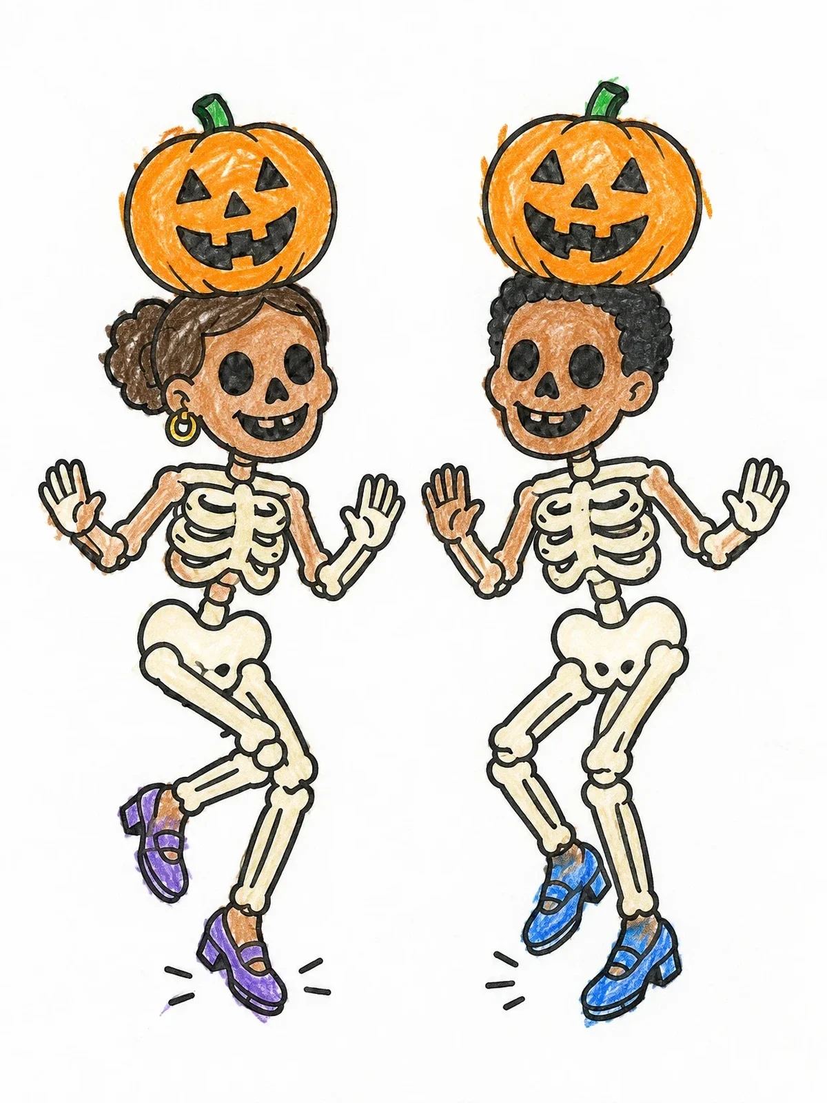 Colored example of the Tap Dancing Skeletons With Pumpkins coloring page