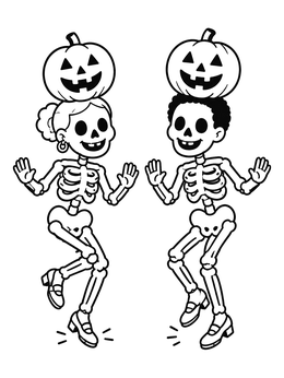 Free printable Tap Dancing Skeletons With Pumpkins coloring page