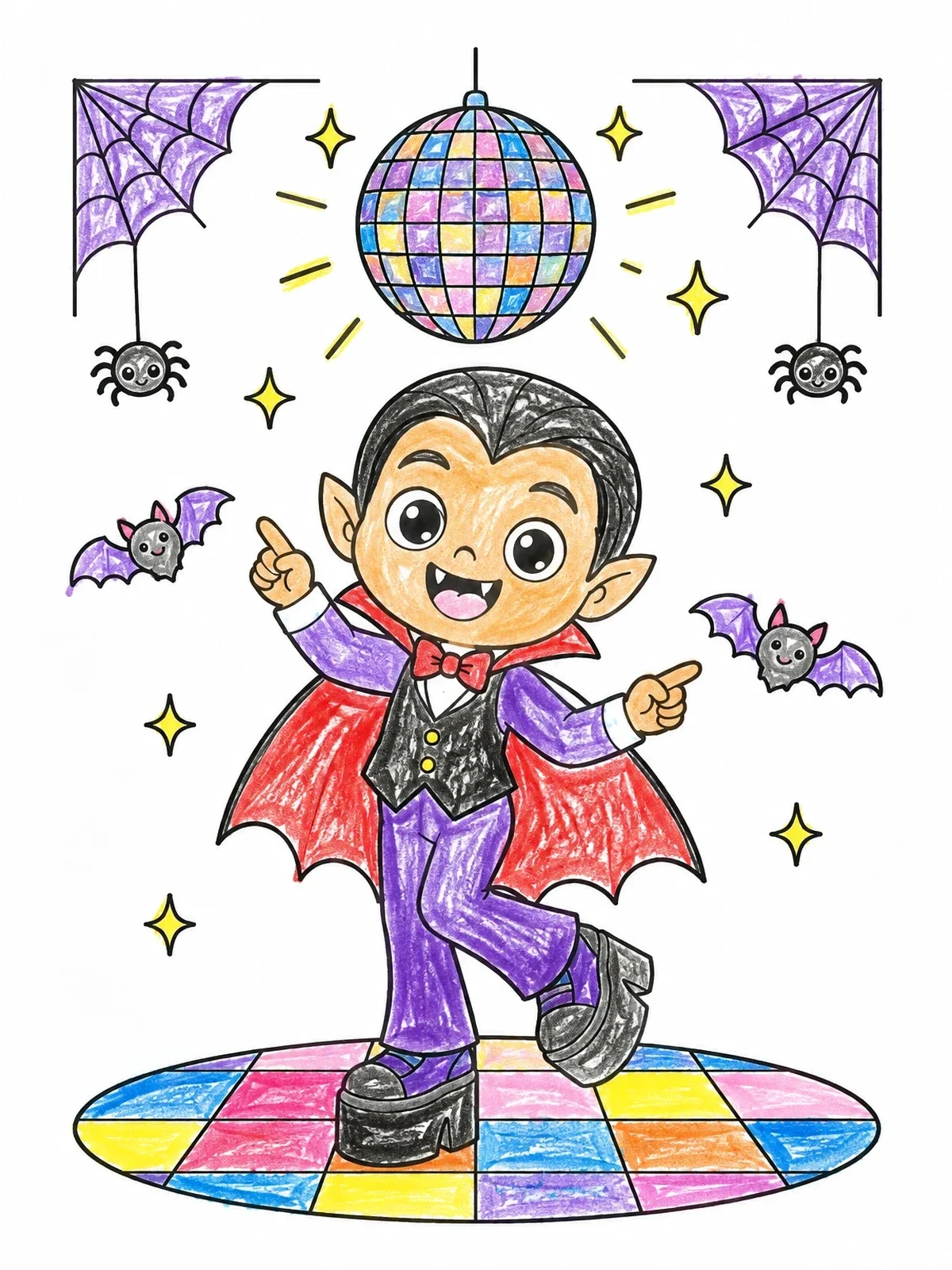Colored example of the Vampire Dancing Under Disco Ball coloring page