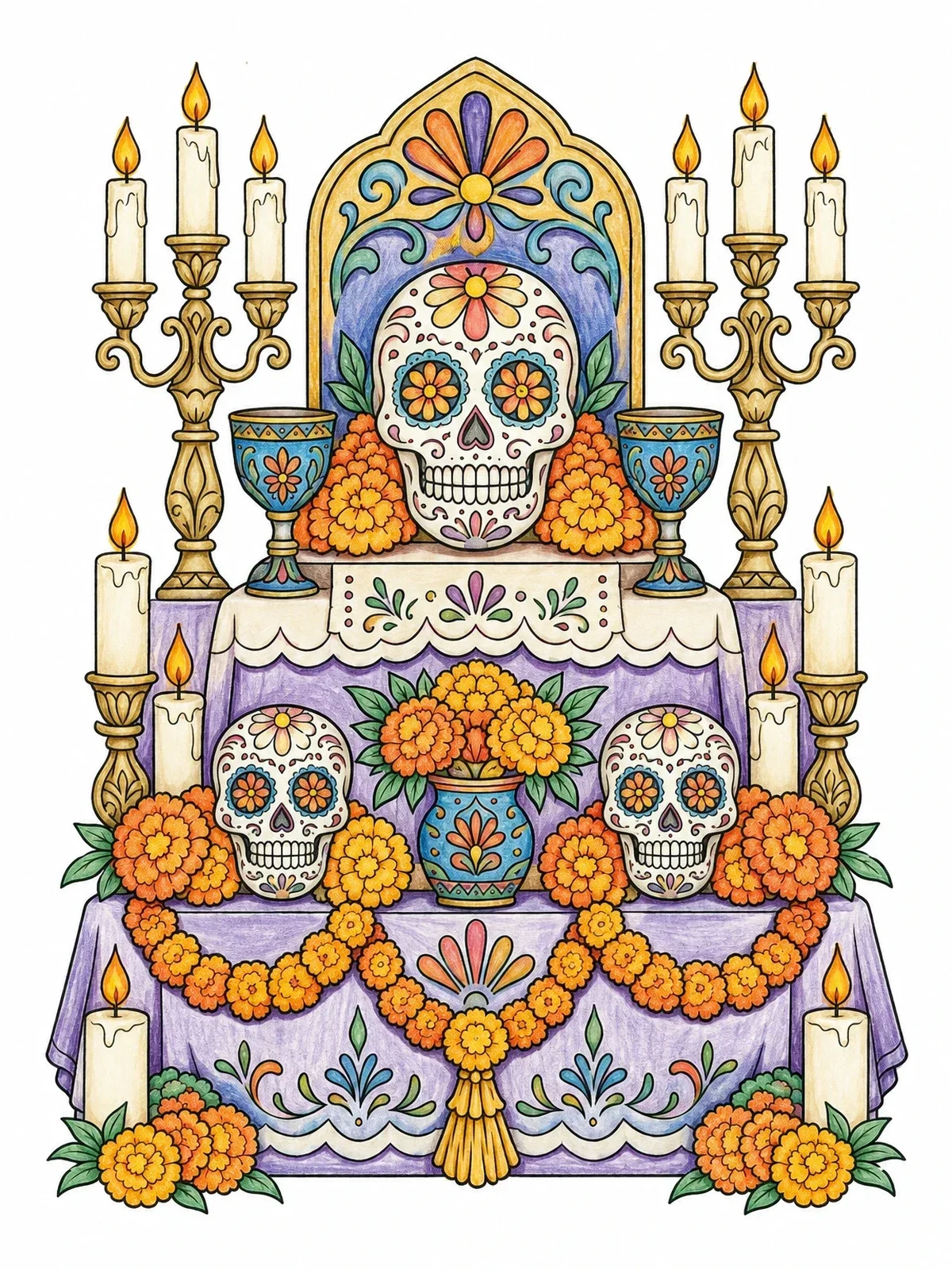Colored example of the Day Of The Dead Altar With Sugar Skulls coloring page