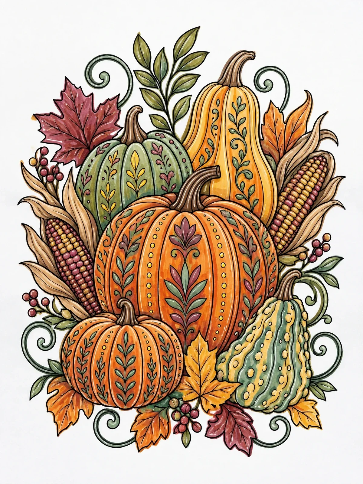 Colored example of the Decorative Autumn Pumpkins And Gourds coloring page