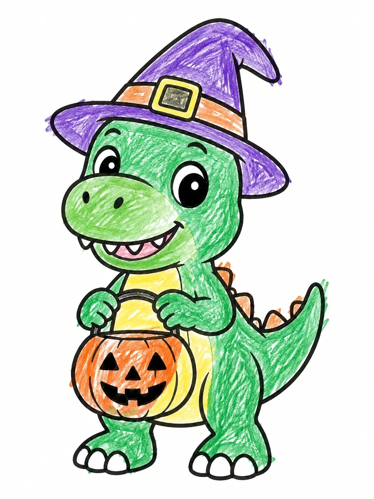 Colored example of the Cute Halloween Dinosaur With Witch Hat coloring page