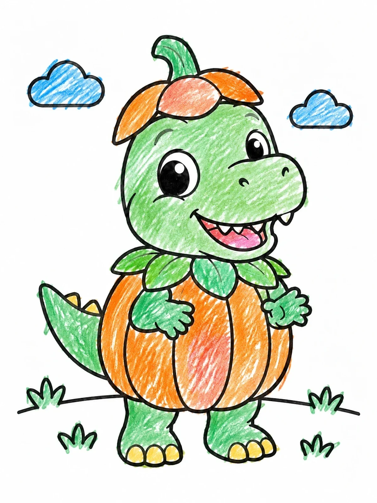 Colored example of the Cute Baby Dinosaur In Pumpkin Costume coloring page