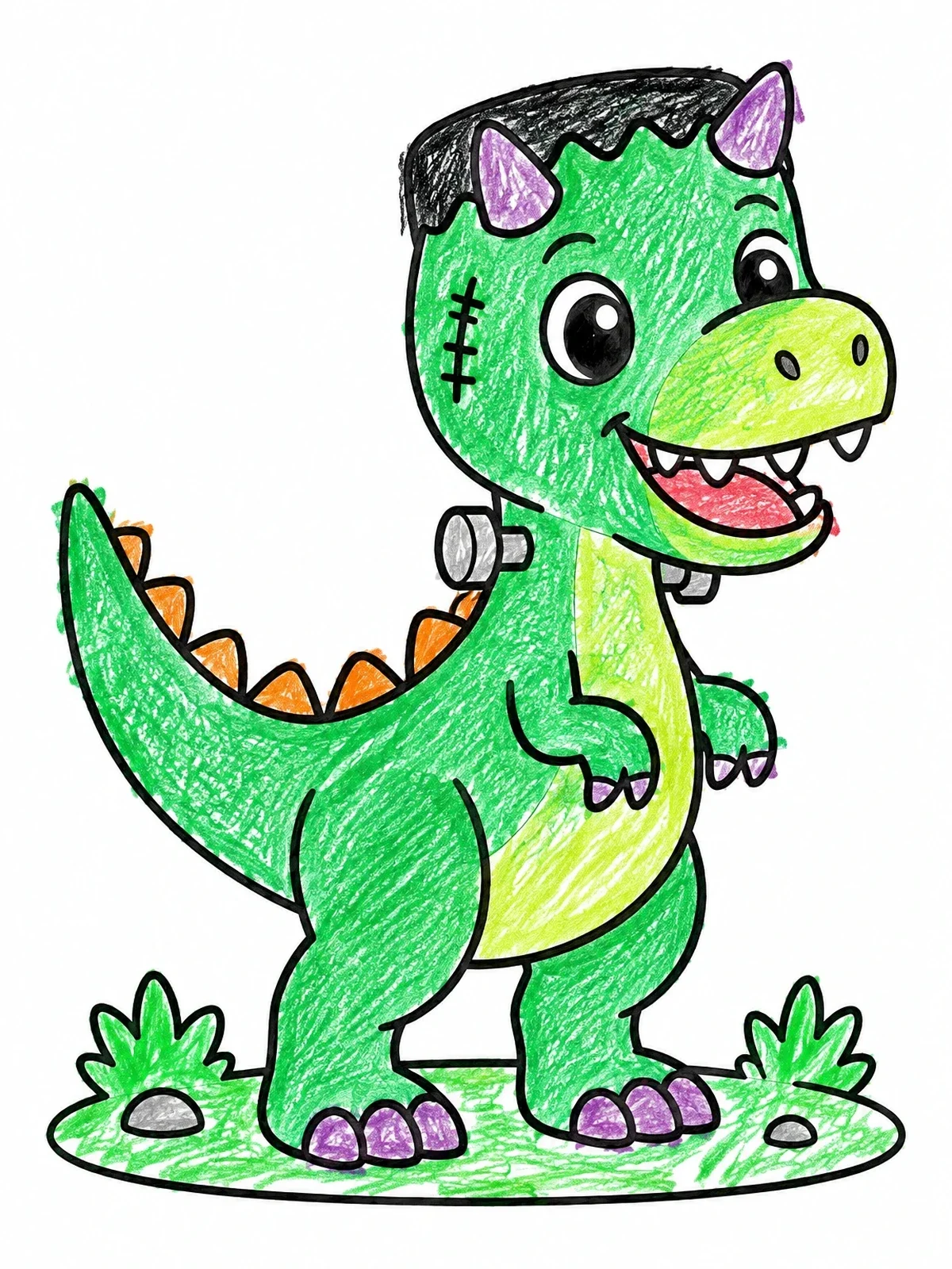 Colored example of the Cute Frankenstein Monster Dinosaur coloring page