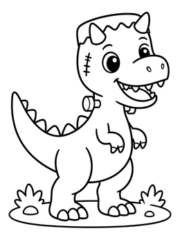 A cute Frankenstein halloween dinosaur coloring page with neck bolts and stitches.